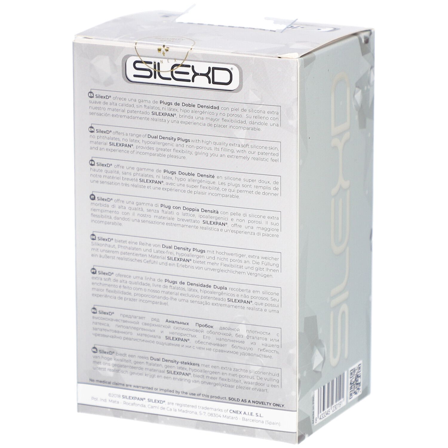 Dos de l'emballage avec texte multilingue. Logo SilexD. Informations produit.