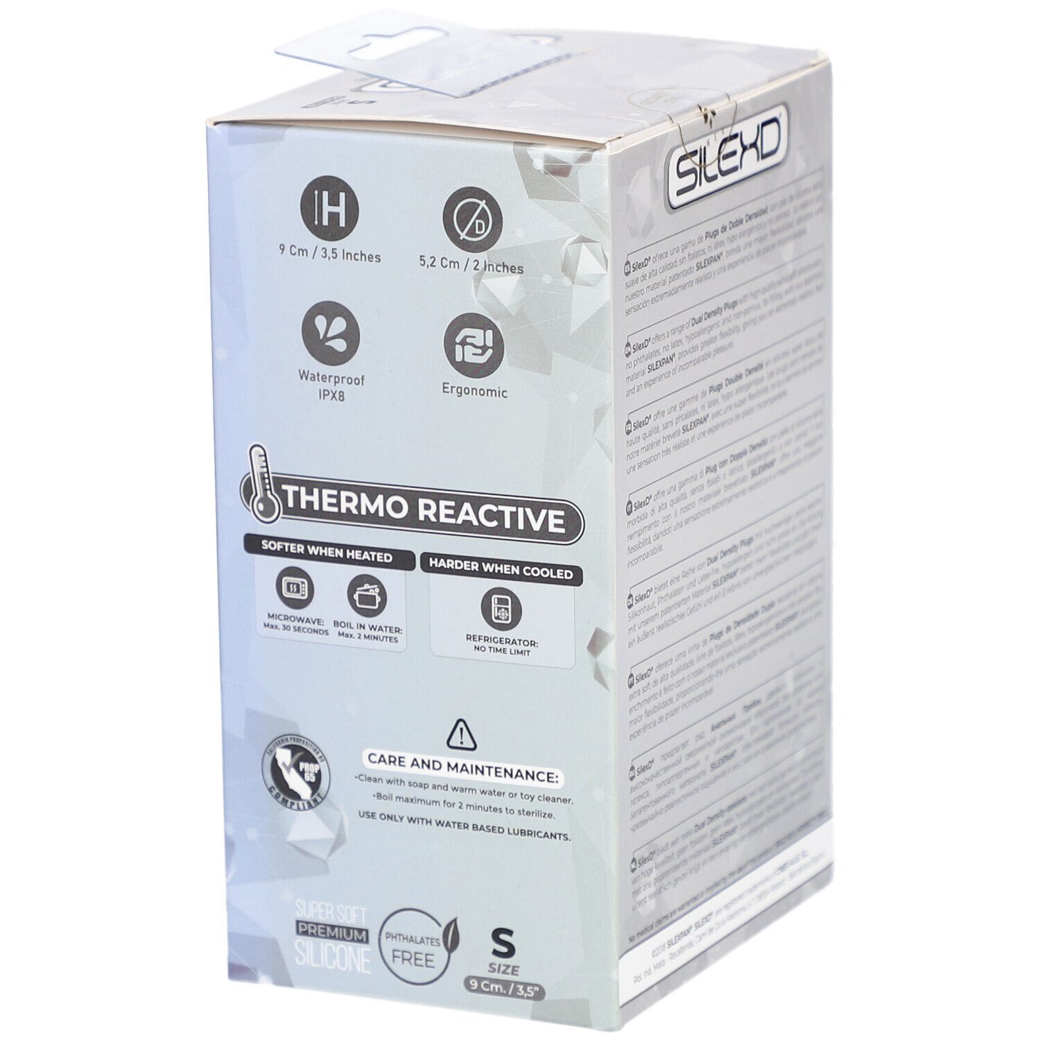 Emballage avec informations produit. Thermo Reactive. Taille S, 9 x 5,2 cm. Logo SilexD.