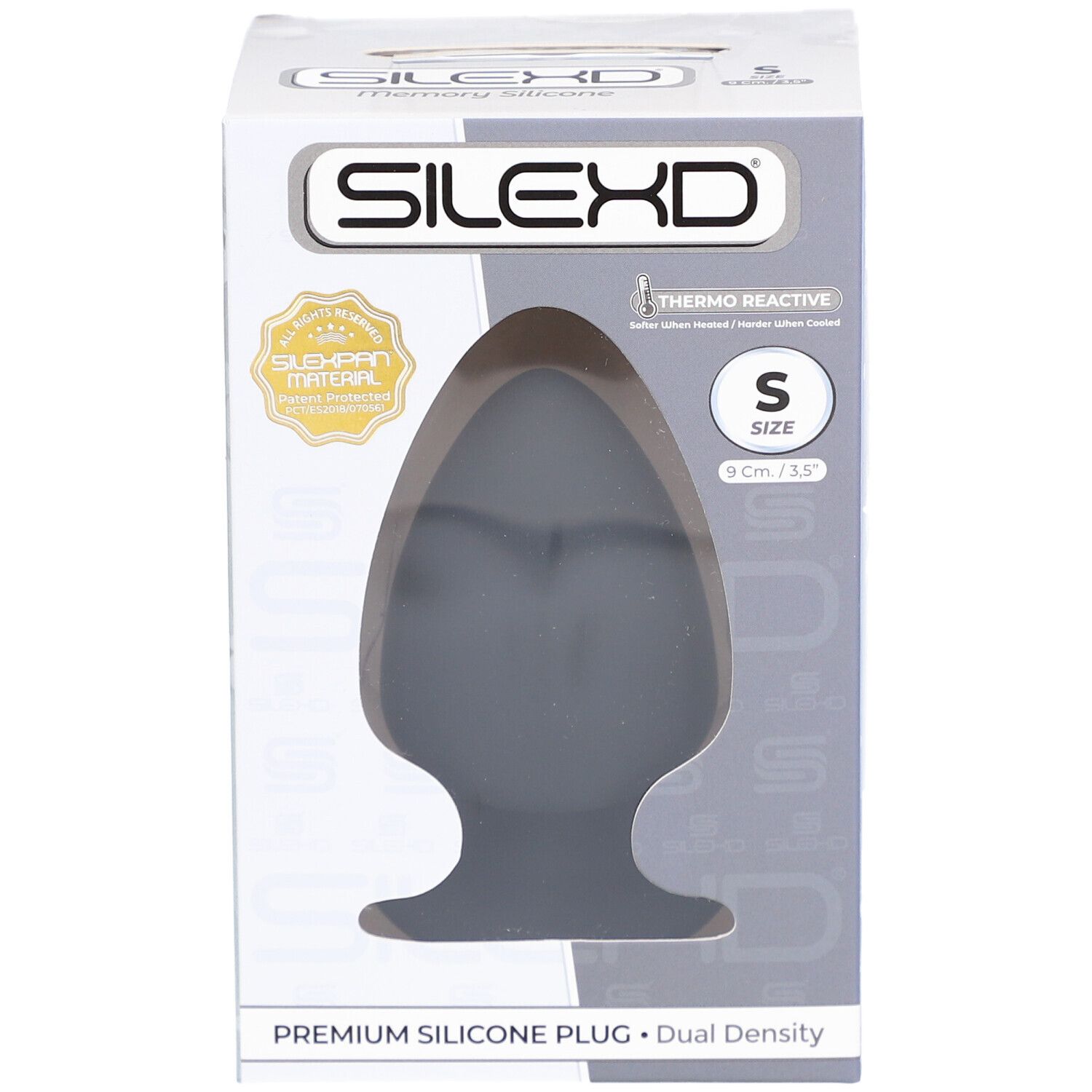 Emballage avec plug gris en silicone. Taille S, 9 x 5,2 cm. Logo SilexD. Thermo Reactive.
