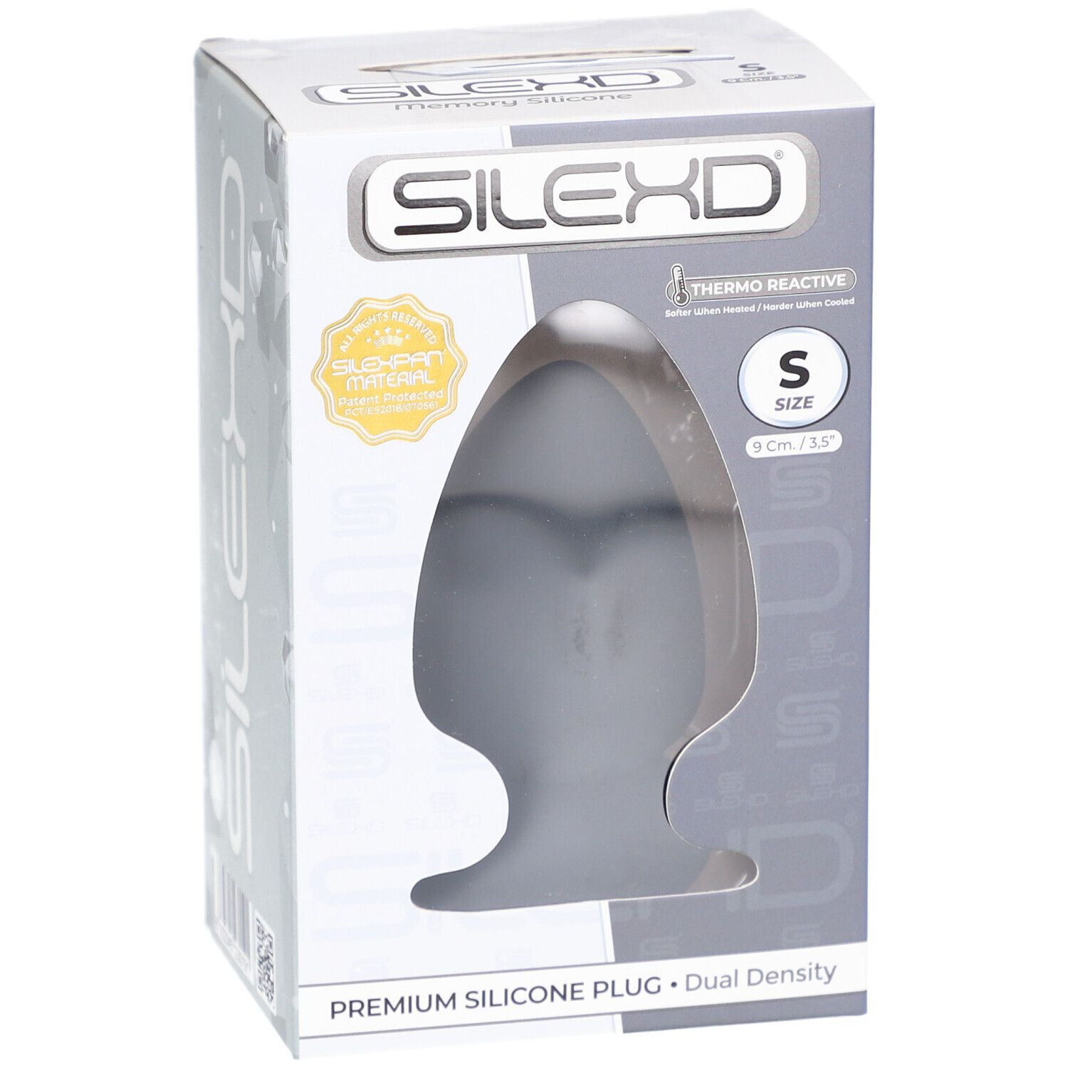Emballage avec plug gris en silicone. Taille S, 9 x 5,2 cm. Logo SilexD. Thermo Reactive.