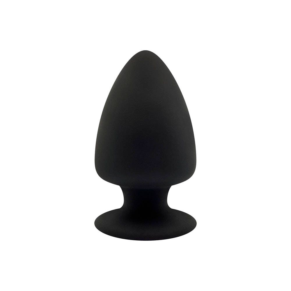 Plug noir en silicone. Forme conique. Base. Sur fond blanc.