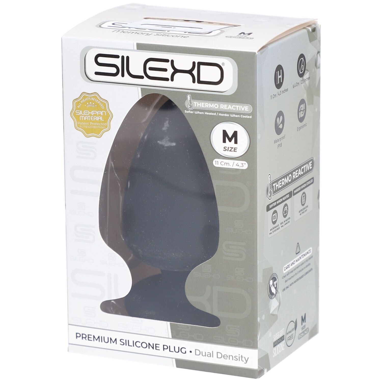 Schwarzer Silikon-Plug in Verpackung. Marke: SILEXD. Größe M, 11 cm. Thermo Reactive.