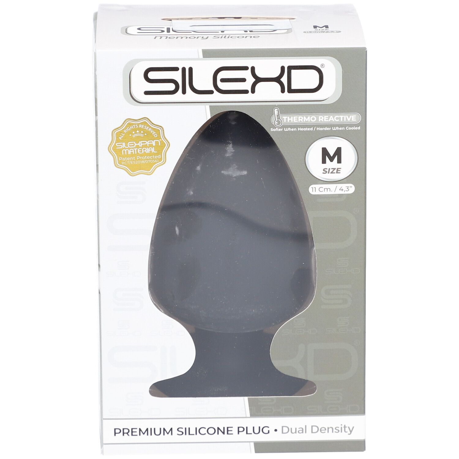 Schwarzer Silikon-Plug in Verpackung. Marke: SILEXD. Größe M, 11 cm. Thermo Reactive.