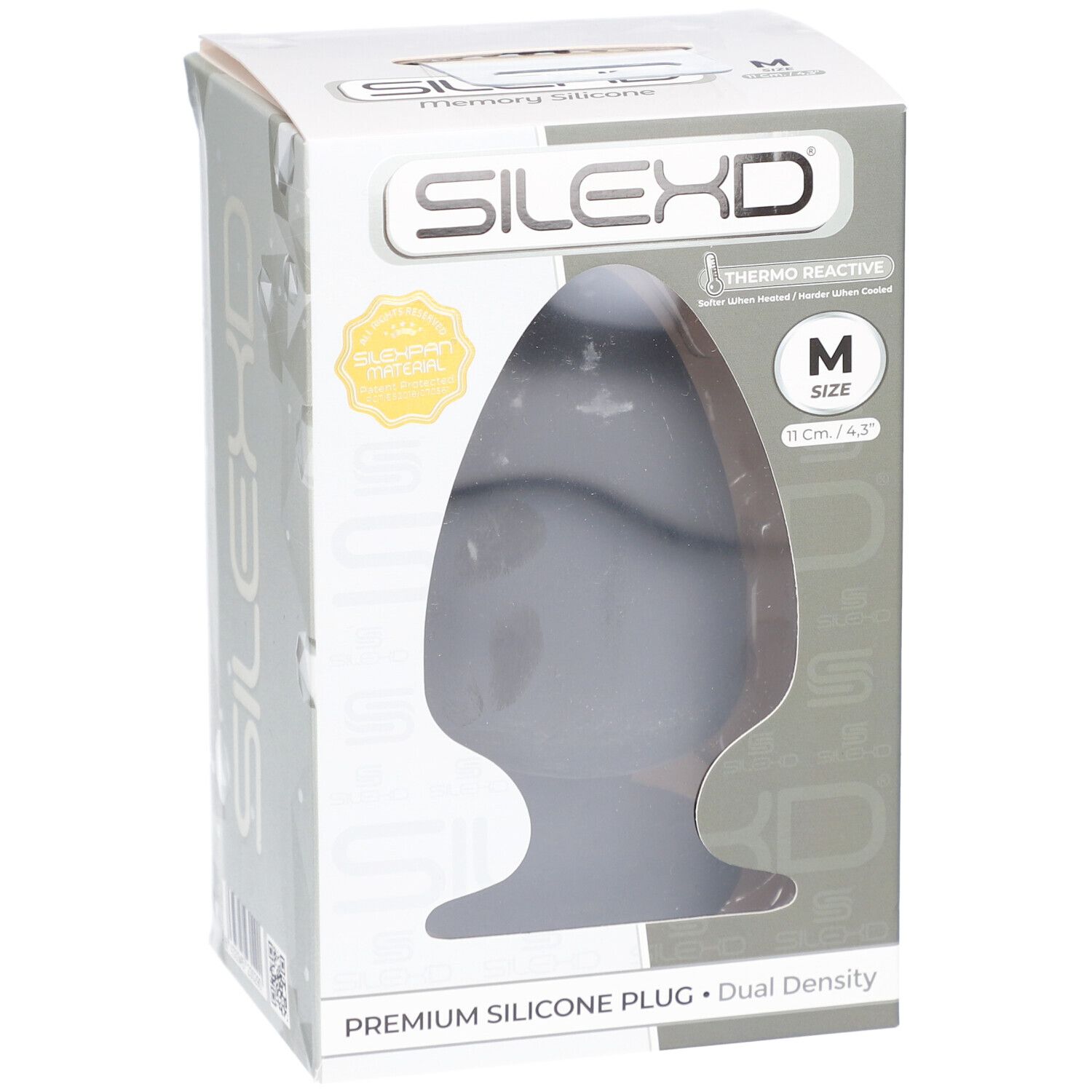 Schwarzer Silikon-Plug in Verpackung. Marke: SILEXD. Größe M, 11 cm. Thermo Reactive.