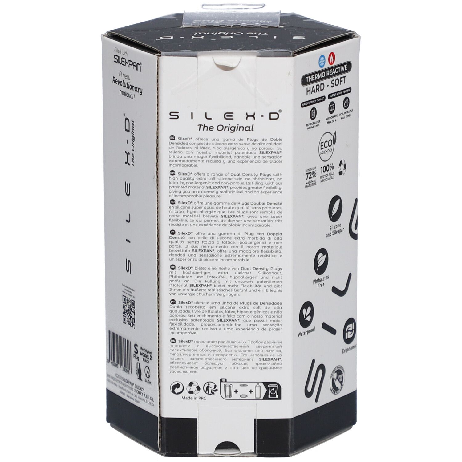 Rückseite der Verpackung. Text in mehreren Sprachen. Logos für Silikon, wasserdicht, ergonomisch.