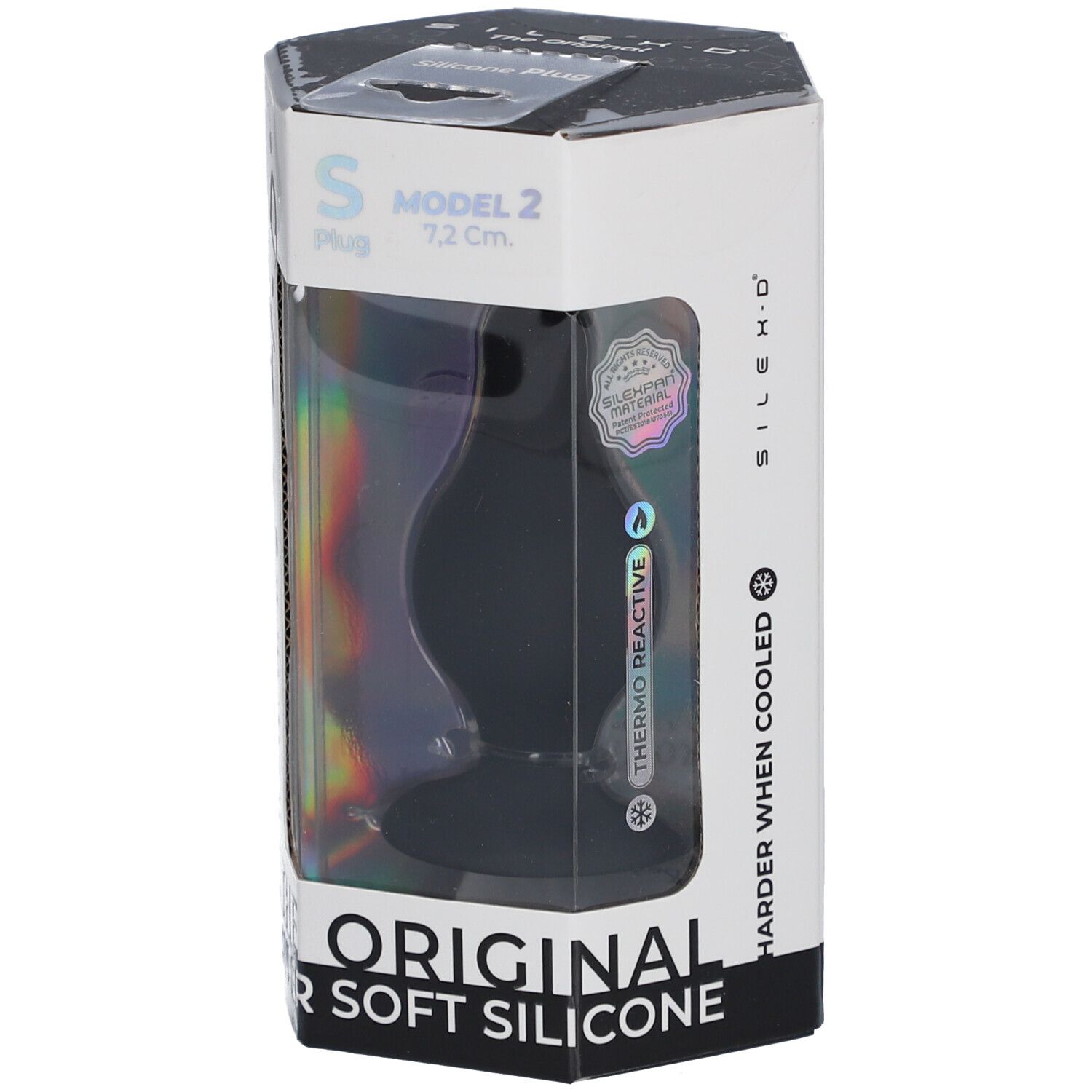 Verpackung mit schwarzem Silikon-Plug. Modell 2, 7,2 cm. Aufschrift: "Thermo Reactive", "Original Super Soft Silicone".