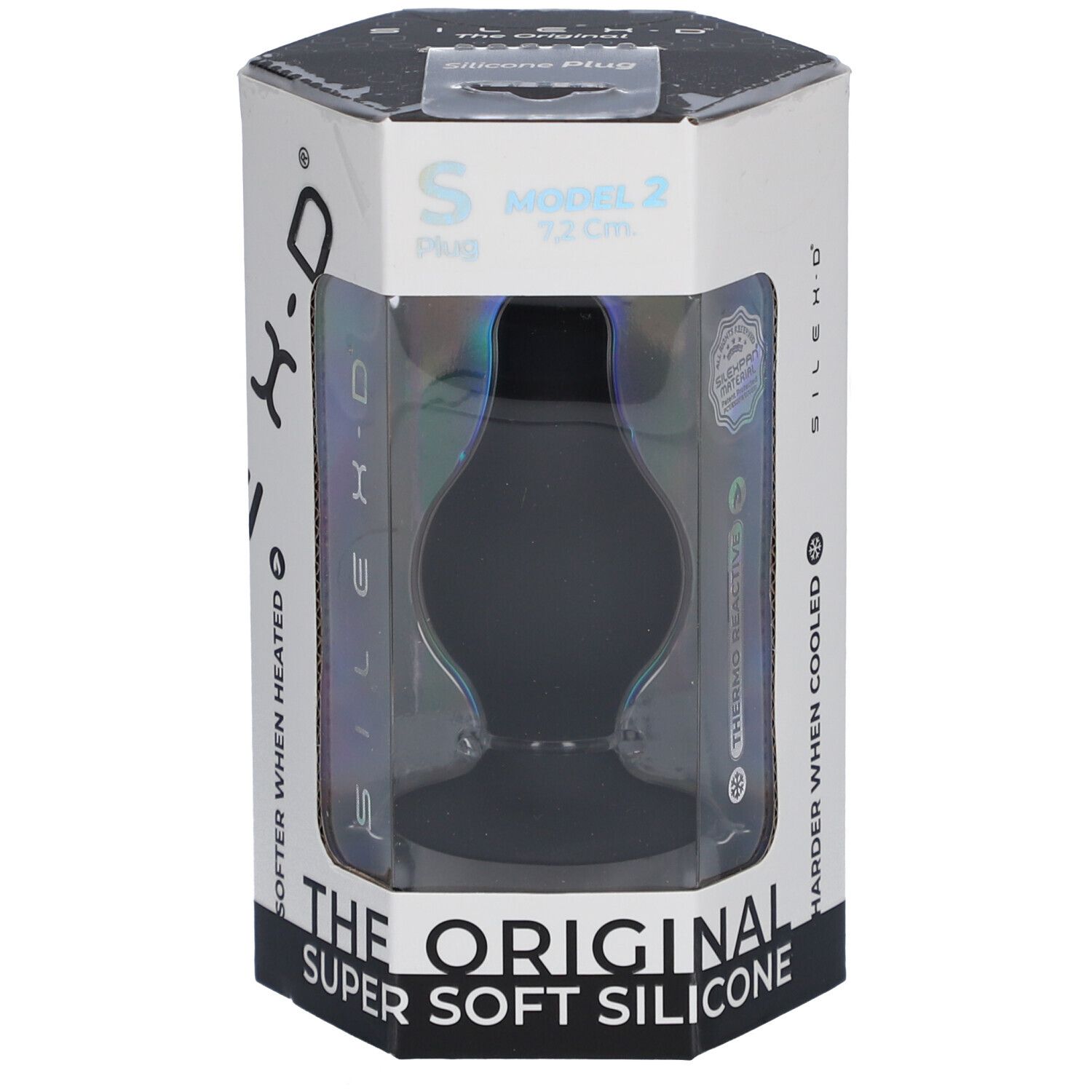 Schwarzer Silikon-Plug in Verpackung. Modell 2, 7,2 cm. Aufschrift: "The Original Super Soft Silicone".