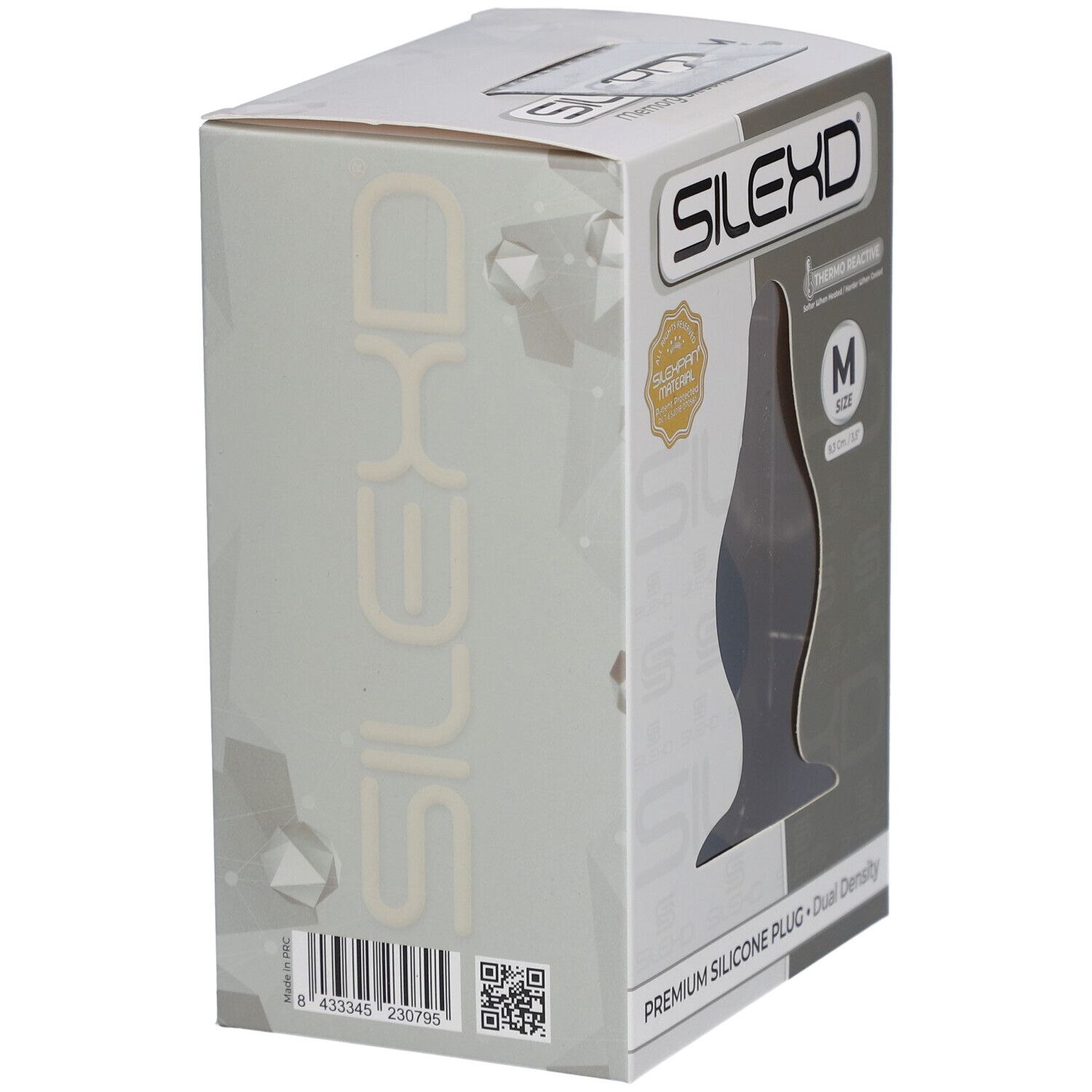 Rückseite der SilexD-Verpackung. Produktname und Marke. QR-Code und Barcode.