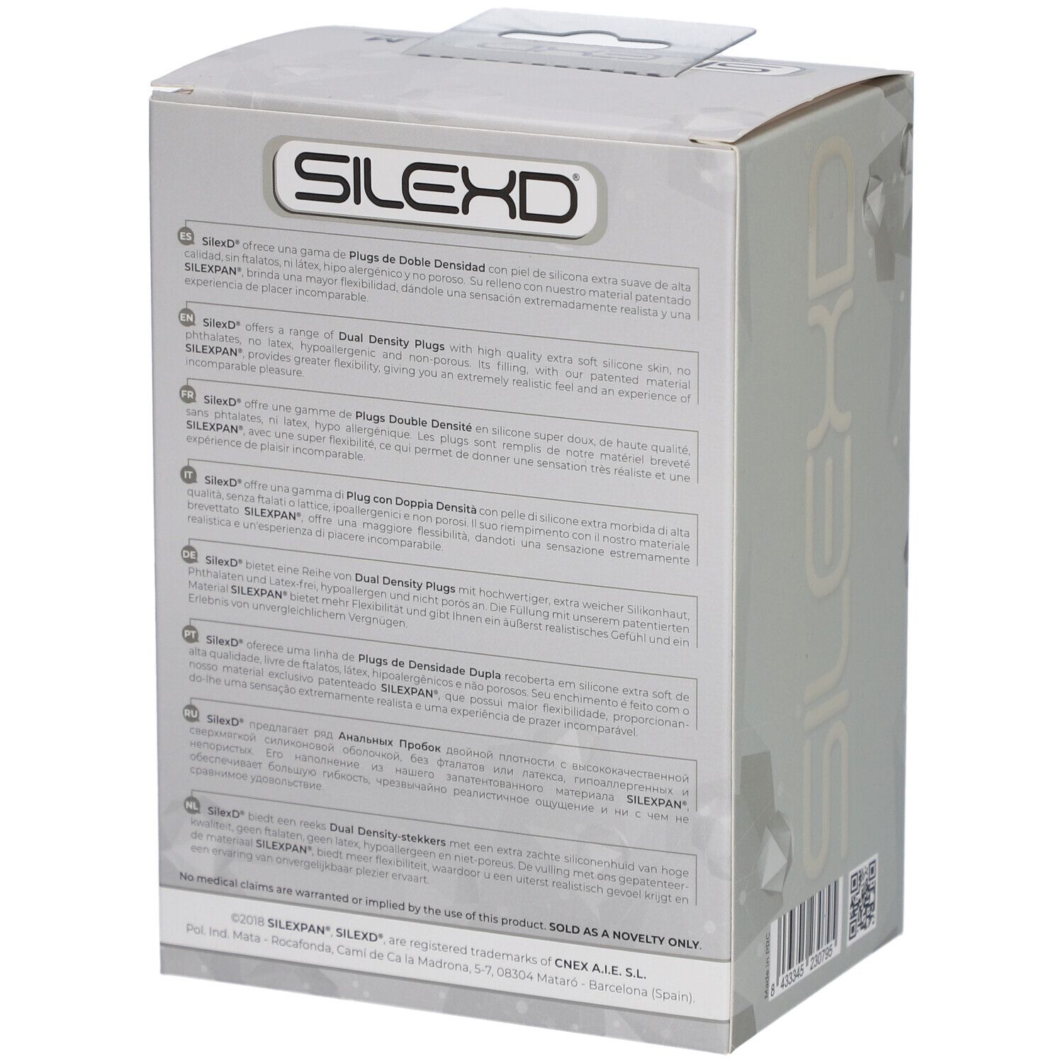 Rückseite der SilexD-Verpackung mit Produktinformationen in verschiedenen Sprachen.