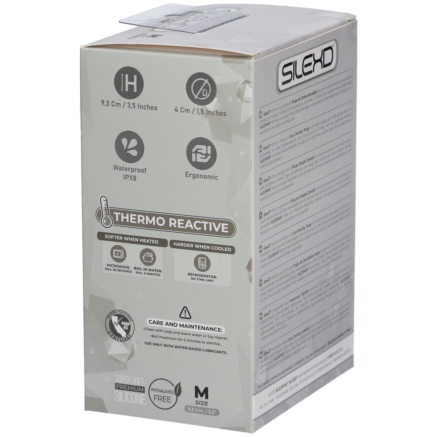 Seite der SilexD-Verpackung. Produktmerkmale: wasserdicht, ergonomisch, thermo reaktiv. Größe M.
