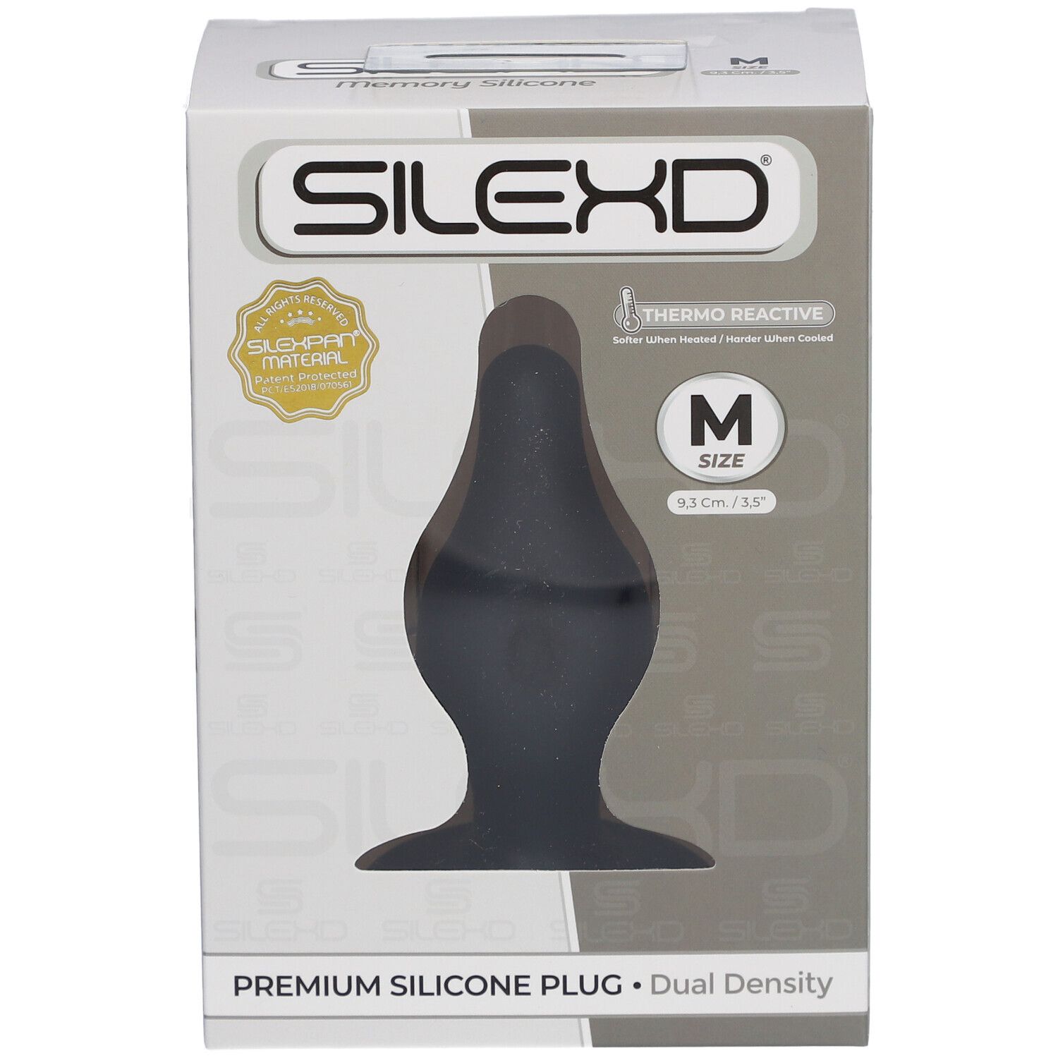 Vorderseite der SilexD-Verpackung. Schwarzer Silikon-Plug. Größe M, 9,3 x 3,5 cm. Thermo Reactive.