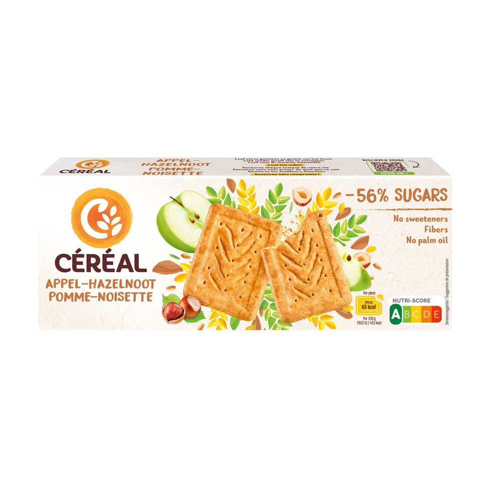Boîte de céréales Céréal Pomme-Noisette. Inscriptions : -56% de sucres, sans édulcorants, fibres, huile de palme. Note A. Illustration de biscuits, pommes et noix.