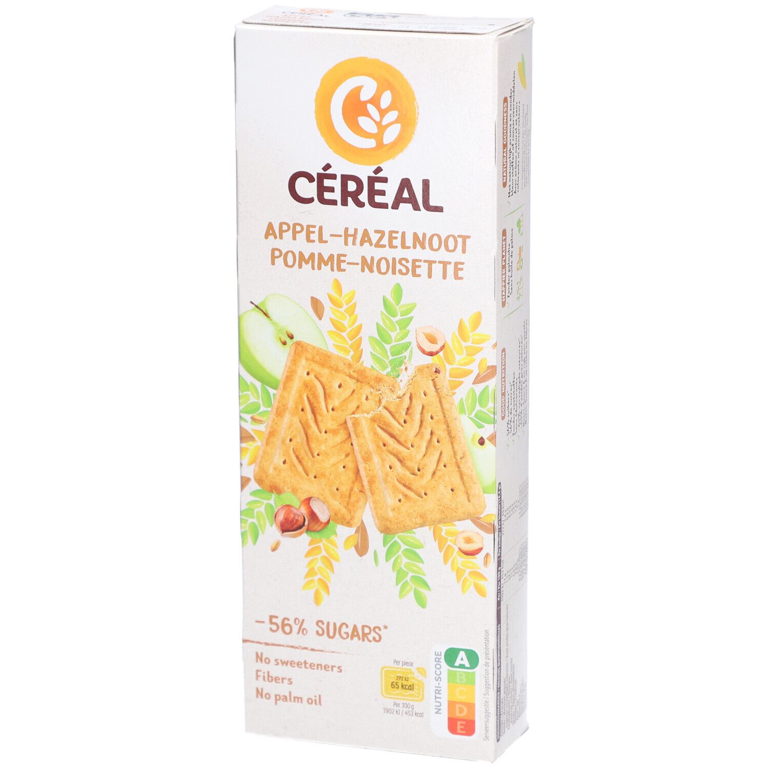 Boîte de céréales Céréal Pomme-Noisette. Inscriptions : -56% de sucres, sans édulcorants, fibres, huile de palme. Note A.