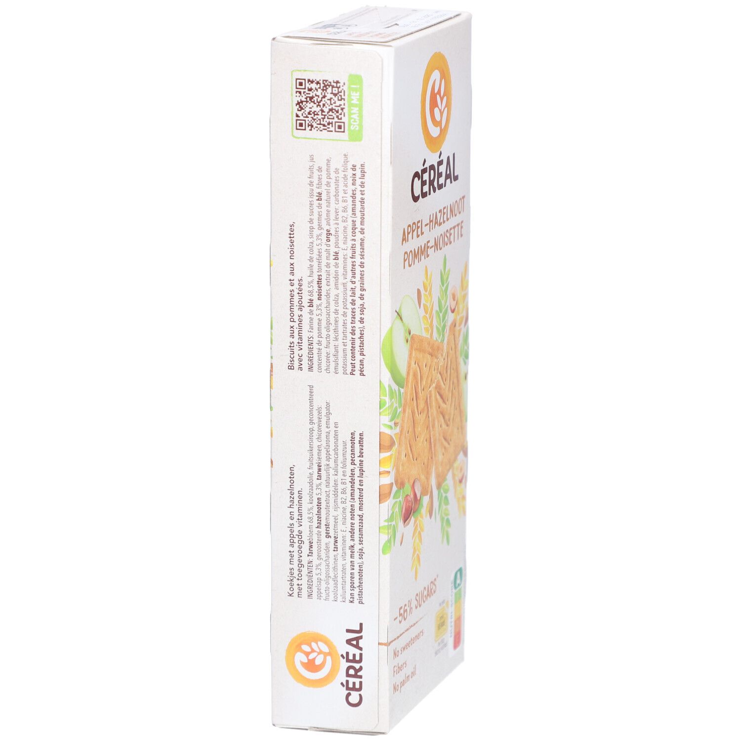Vue latérale de la boîte de céréales Céréal Pomme-Noisette. Texte : Céréal, Pomme-Noisette, -56% de sucres. Code QR et informations nutritionnelles.