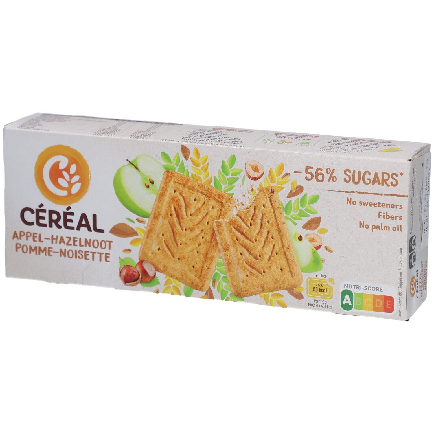 Boîte de céréales Céréal Pomme-Noisette. Inscriptions : -56% de sucres, sans édulcorants, fibres, huile de palme. Note A. Illustration de biscuits, pommes et noix.