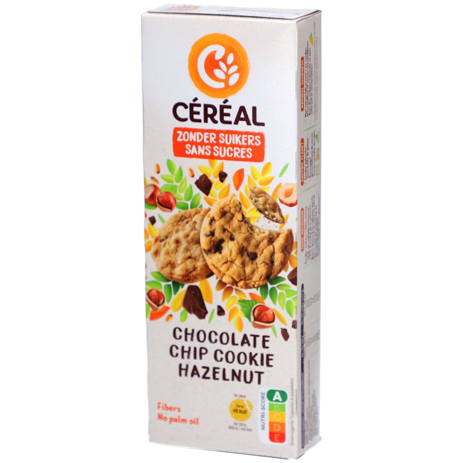 Boîte Céréal avec cookies pépites de chocolat et noisettes. Inscription : Zonder Suikers, Sans Sucres. Contient un tableau nutritionnel.