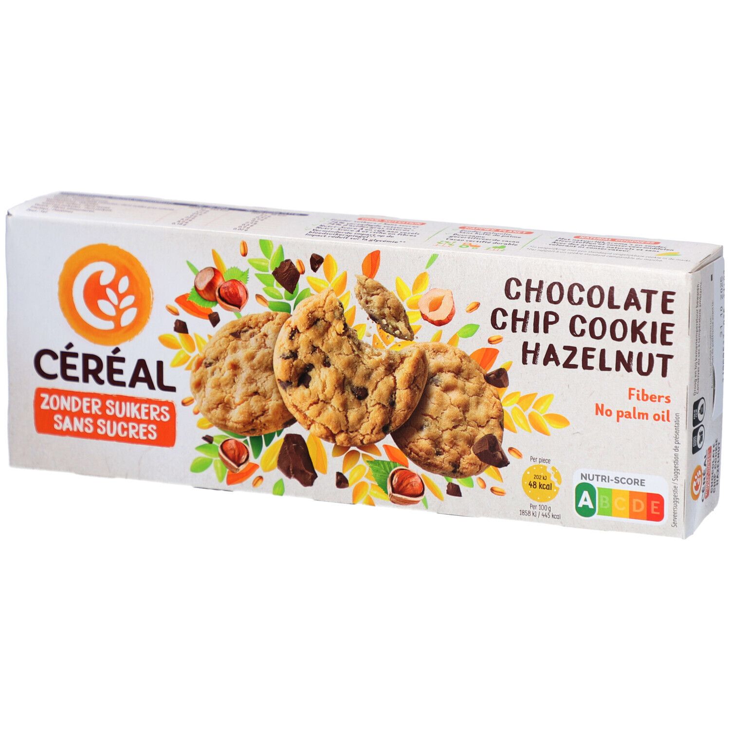 Boîte Céréal avec trois cookies pépites de chocolat et noisettes. Inscription : Céréal, Zonder Suikers, Sans Sucres, Chocolate Chip Cookie Hazelnut.
