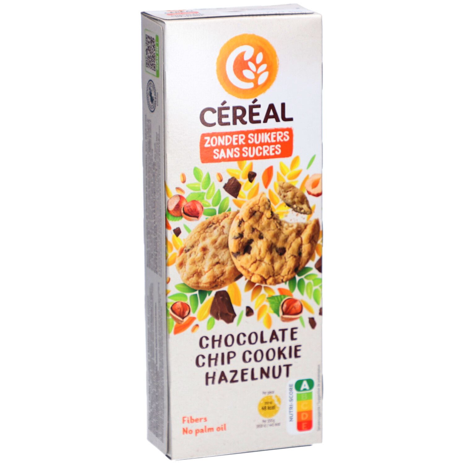 Boîte Céréal avec cookies pépites de chocolat et noisettes. Inscription : Céréal, Zonder Suikers, Sans Sucres, Chocolate Chip Cookie Hazelnut. Avec tableau nutritionnel.