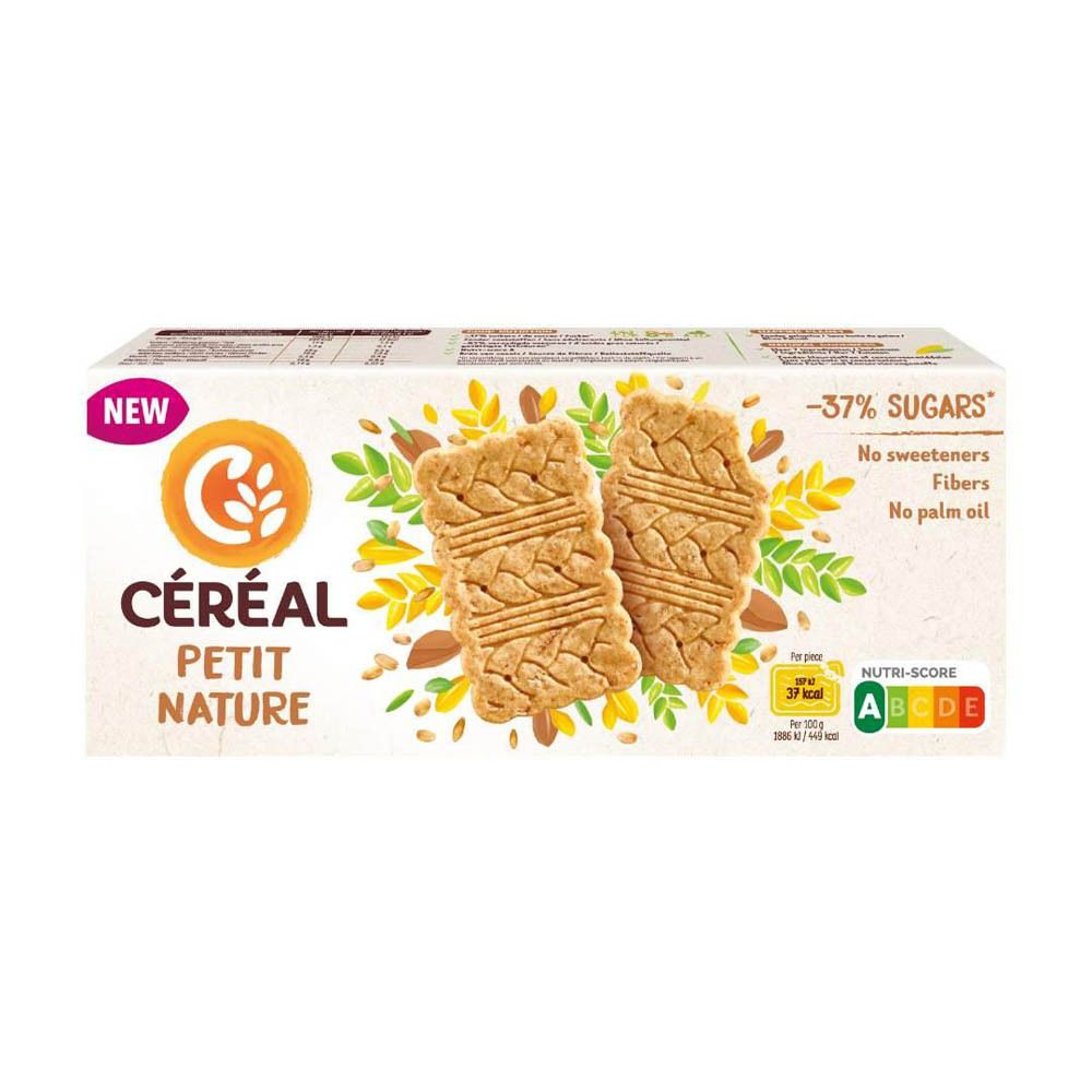 Boîte Céréal Petit Nature. Inscription : -37% de sucres, sans édulcorants, fibres, sans huile de palme. Nutri-Score A. Deux biscuits illustrés.