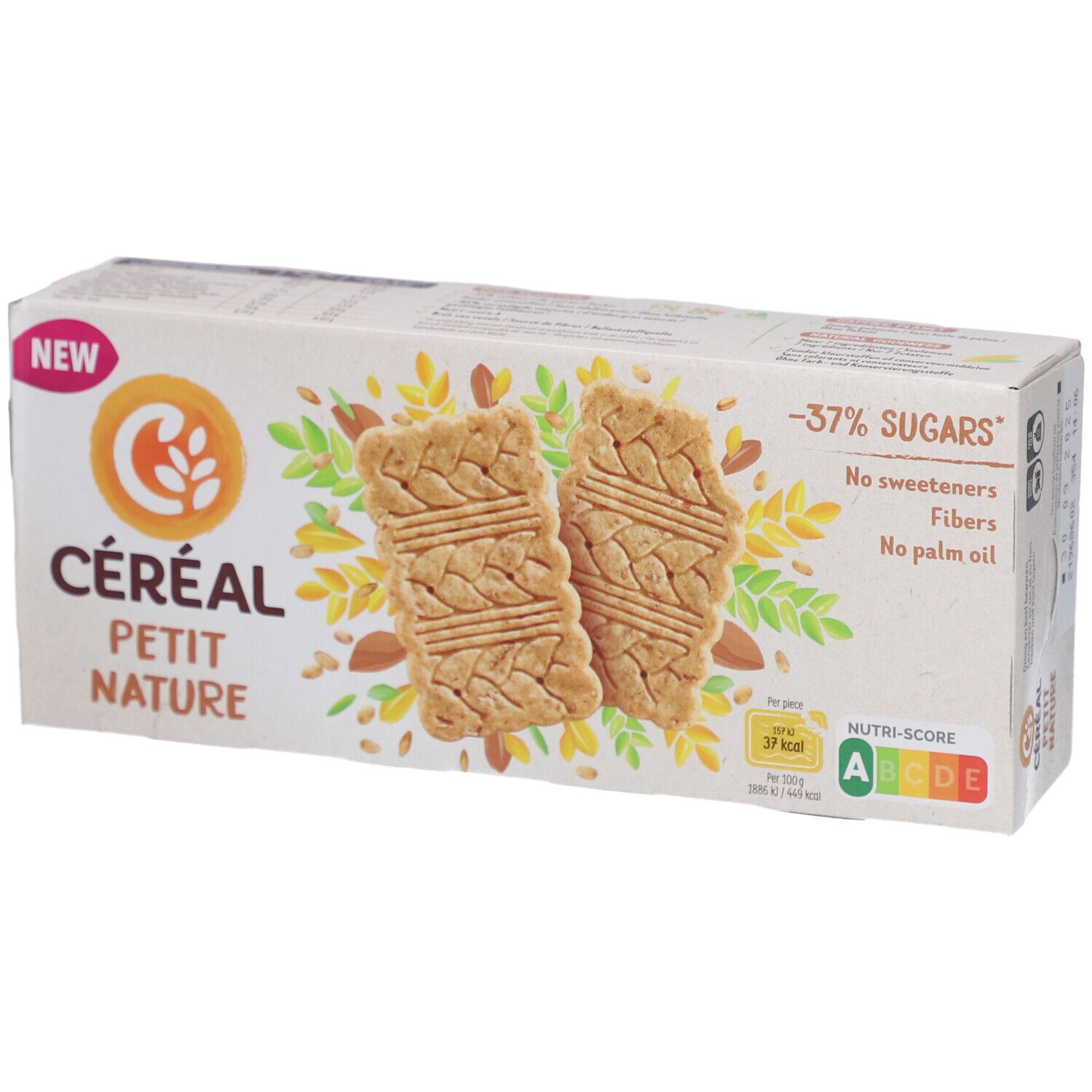 Boîte de biscuits Céréal Petit Nature. Inscription : -37% de sucres, sans édulcorants, fibres, sans huile de palme. Nutri-Score A.
