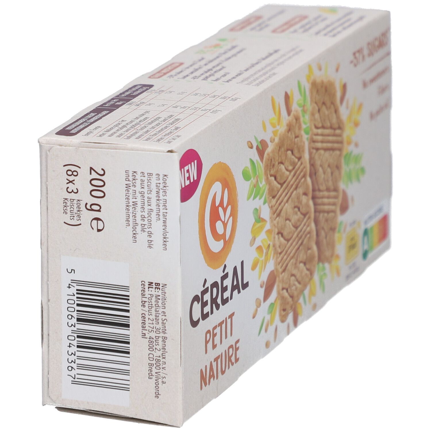 Boîte Céréal Petit Nature, vue de dessus. Inscription : 200g, (8x3) biscuits. Code-barres. Inscription : -37% sucres, Nutri-Score A.