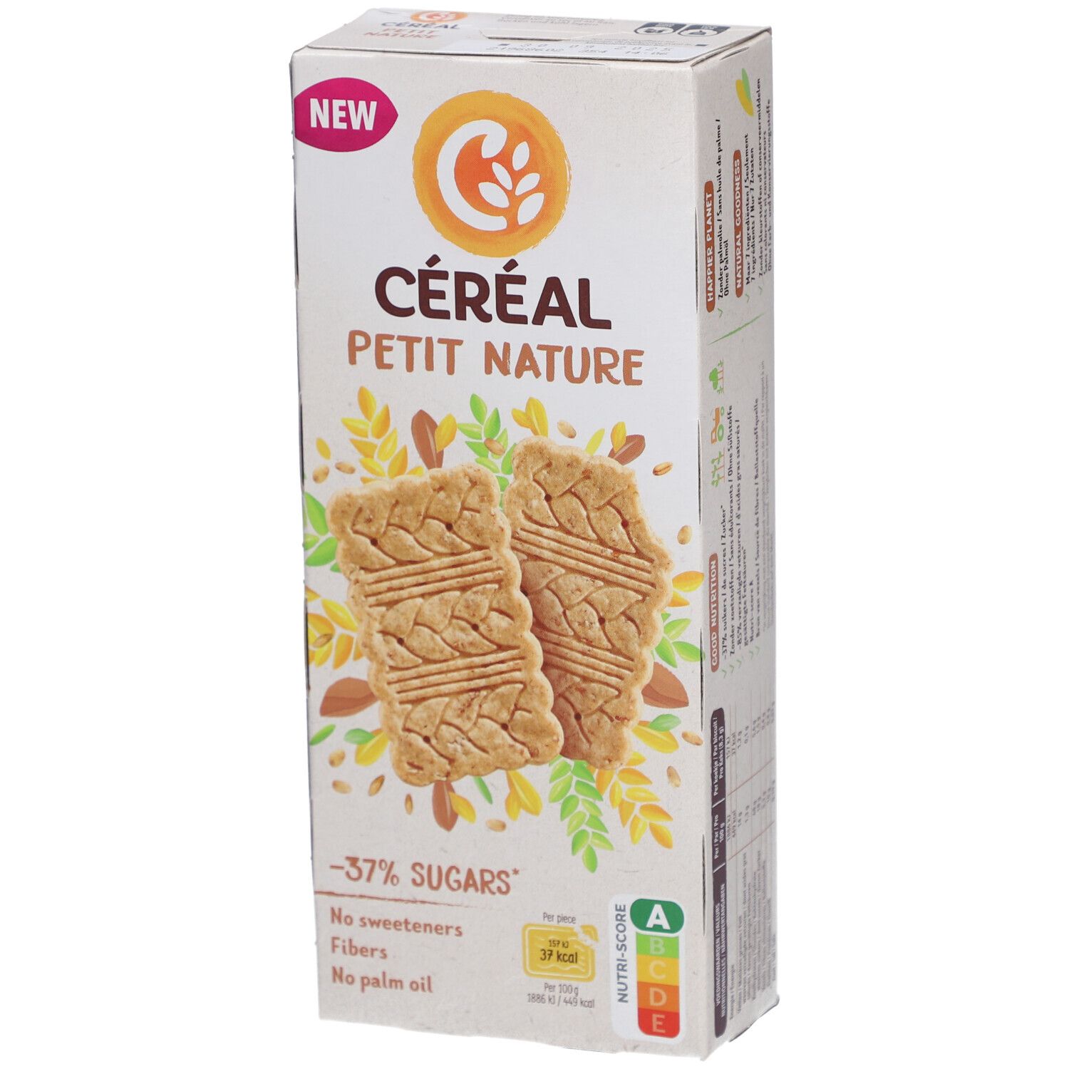 Boîte Céréal Petit Nature. Inscription : -37% de sucres, sans édulcorants, fibres, sans huile de palme. Nutri-Score A. Deux biscuits illustrés.