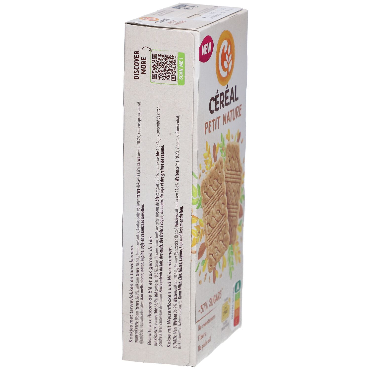 Boîte Céréal Petit Nature, vue latérale. Inscription : -37% de sucres, Nutri-Score A. Code QR. Texte sur valeurs nutritionnelles et ingrédients.