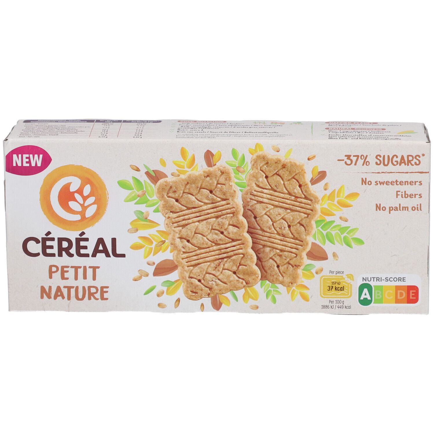 Boîte Céréal Petit Nature. Inscription : -37% de sucres, sans édulcorants, fibres, sans huile de palme. Nutri-Score A. Deux biscuits illustrés.