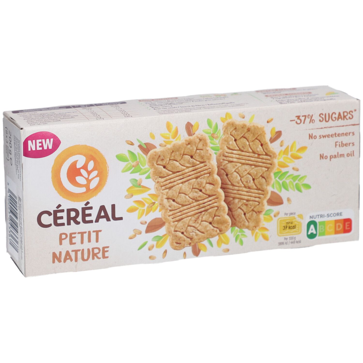 Boîte Céréal Petit Nature. Inscription : -37% de sucres, sans édulcorants, fibres, sans huile de palme. Nutri-Score A. Deux biscuits illustrés.
