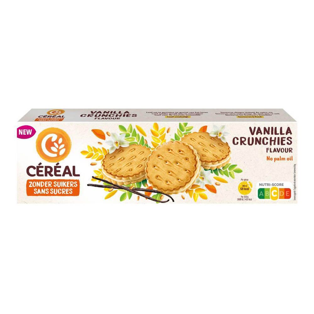 Boîte de Céréal Koeken Vanilla Crunchies. Inscription : Zonder Suikers, Sans Sucres. Biscuits et gousses de vanille illustrés.
