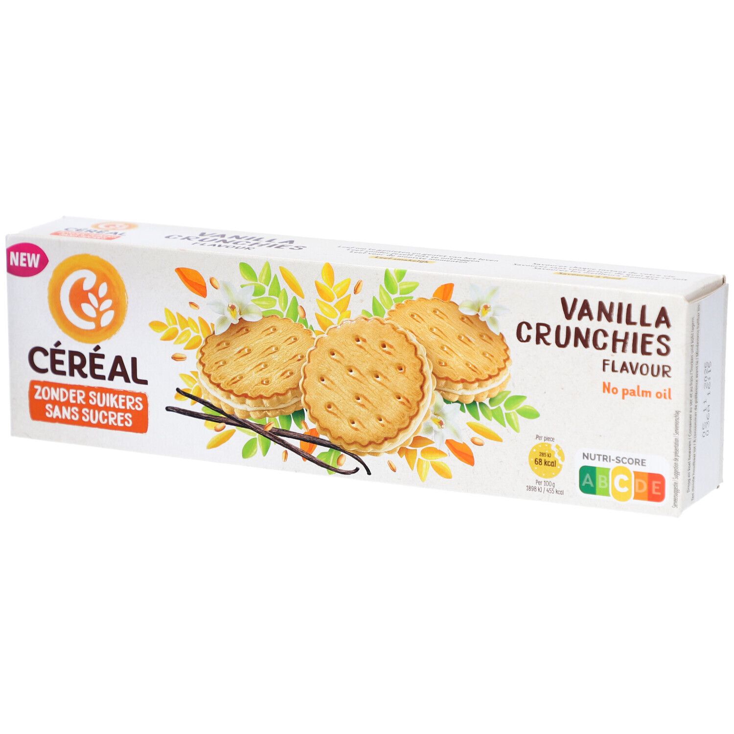 Verpackung mit Céréal Koeken Vanilla Crunchies. Aufdruck: Zonder Suikers, Sans Sucres. Abgebildet sind Kekse und Vanilleschoten.