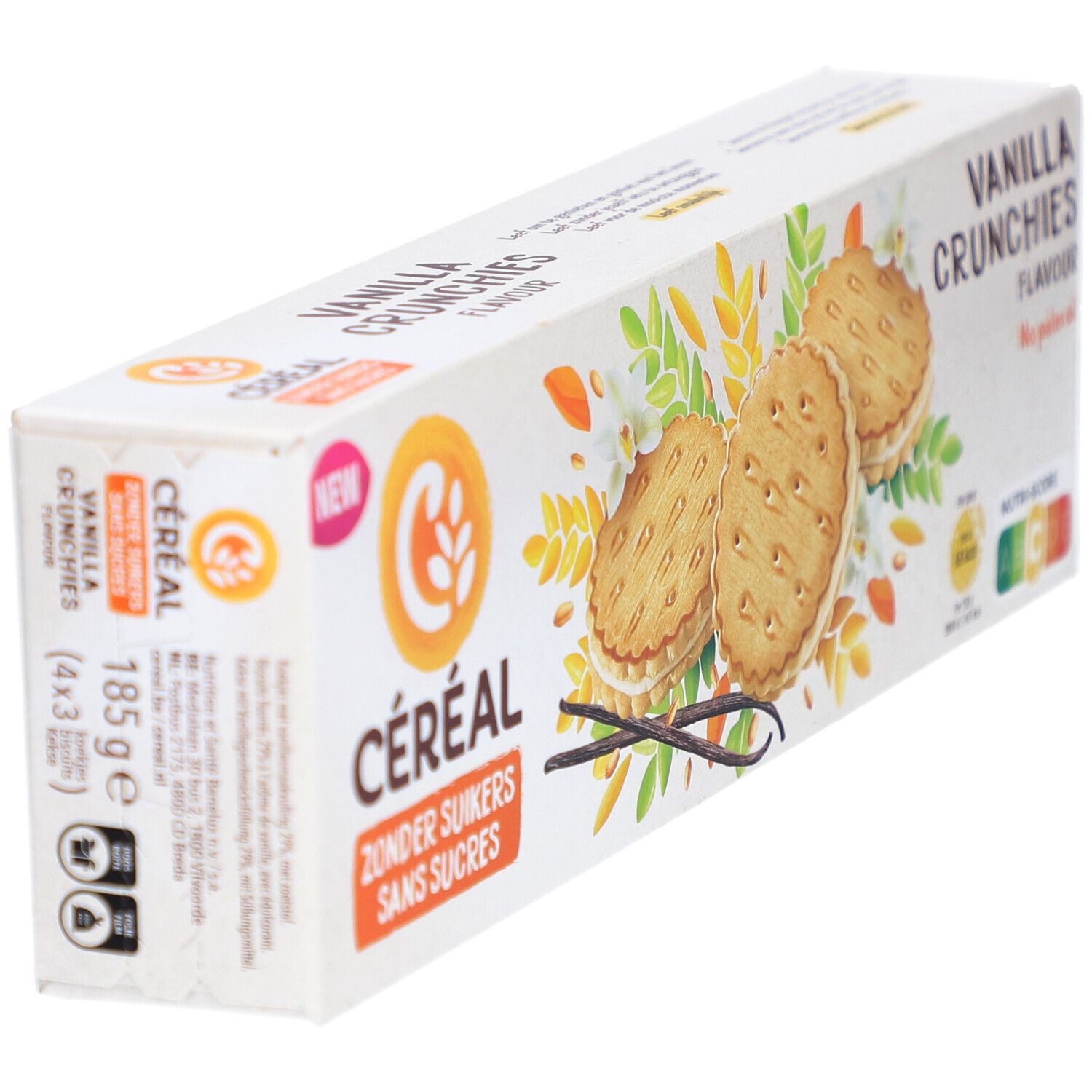 Schrägansicht der Verpackung von Céréal Koeken Vanilla Crunchies. Aufdruck: Zonder Suikers, Sans Sucres. Mit Keksen und Vanilleschoten.