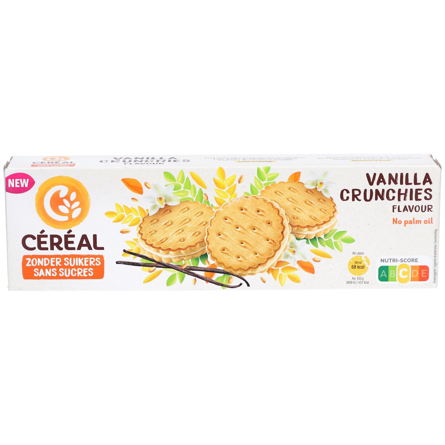 Verpackung mit Céréal Koeken Vanilla Crunchies. Aufdruck: Zonder Suikers, Sans Sucres. Abgebildet sind Kekse und Vanilleschoten.