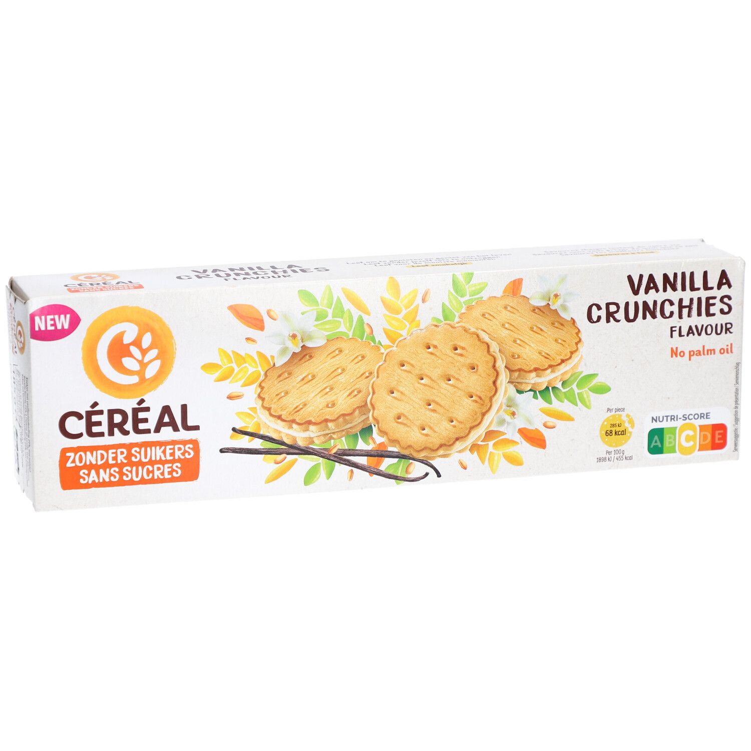 Verpackung mit Céréal Koeken Vanilla Crunchies. Aufdruck: Zonder Suikers, Sans Sucres. Abgebildet sind Kekse und Vanilleschoten.