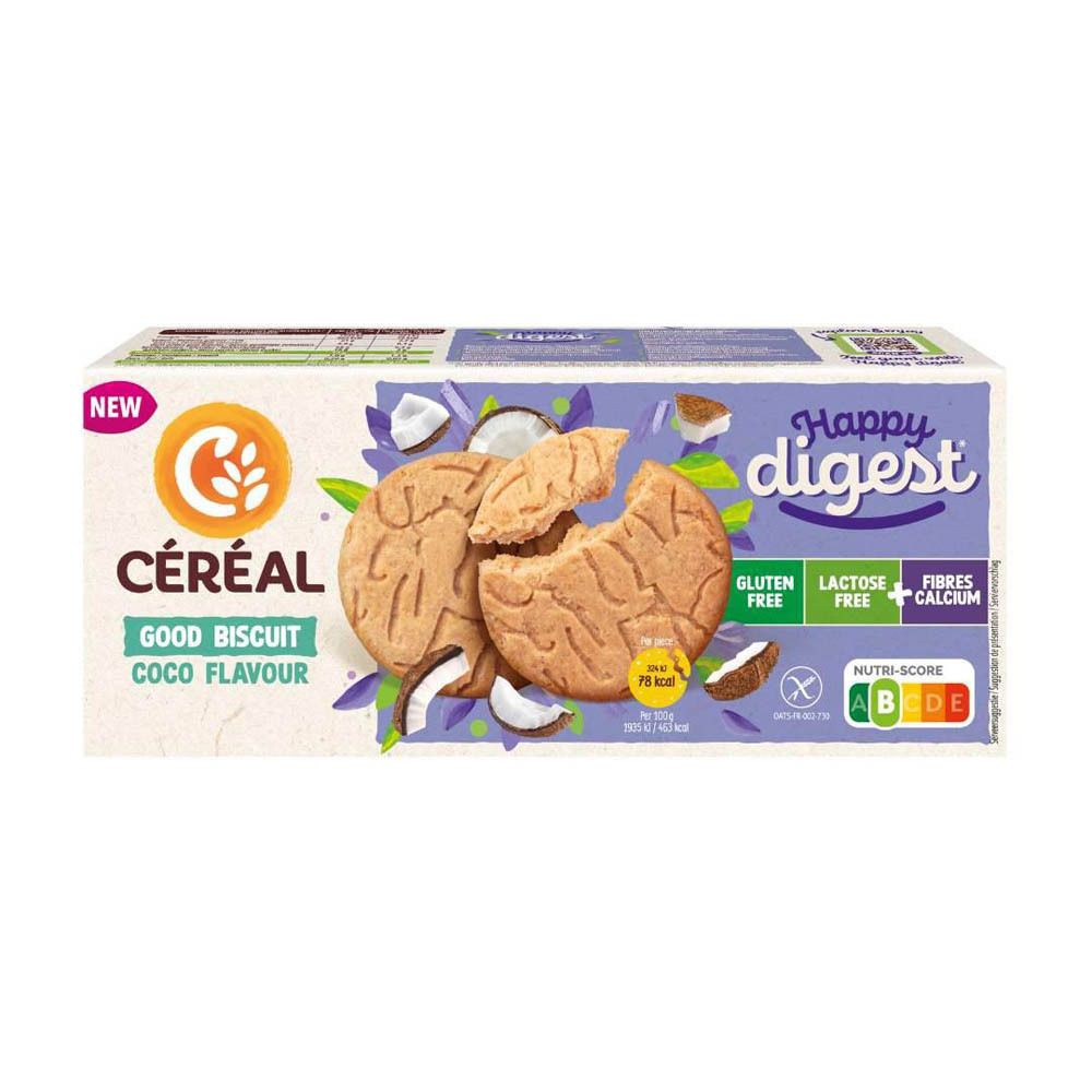 Boîte de biscuits Céréal Happy Digest, saveur coco. Inscriptions : sans gluten, sans lactose, fibres, calcium. Visuel de biscuits.