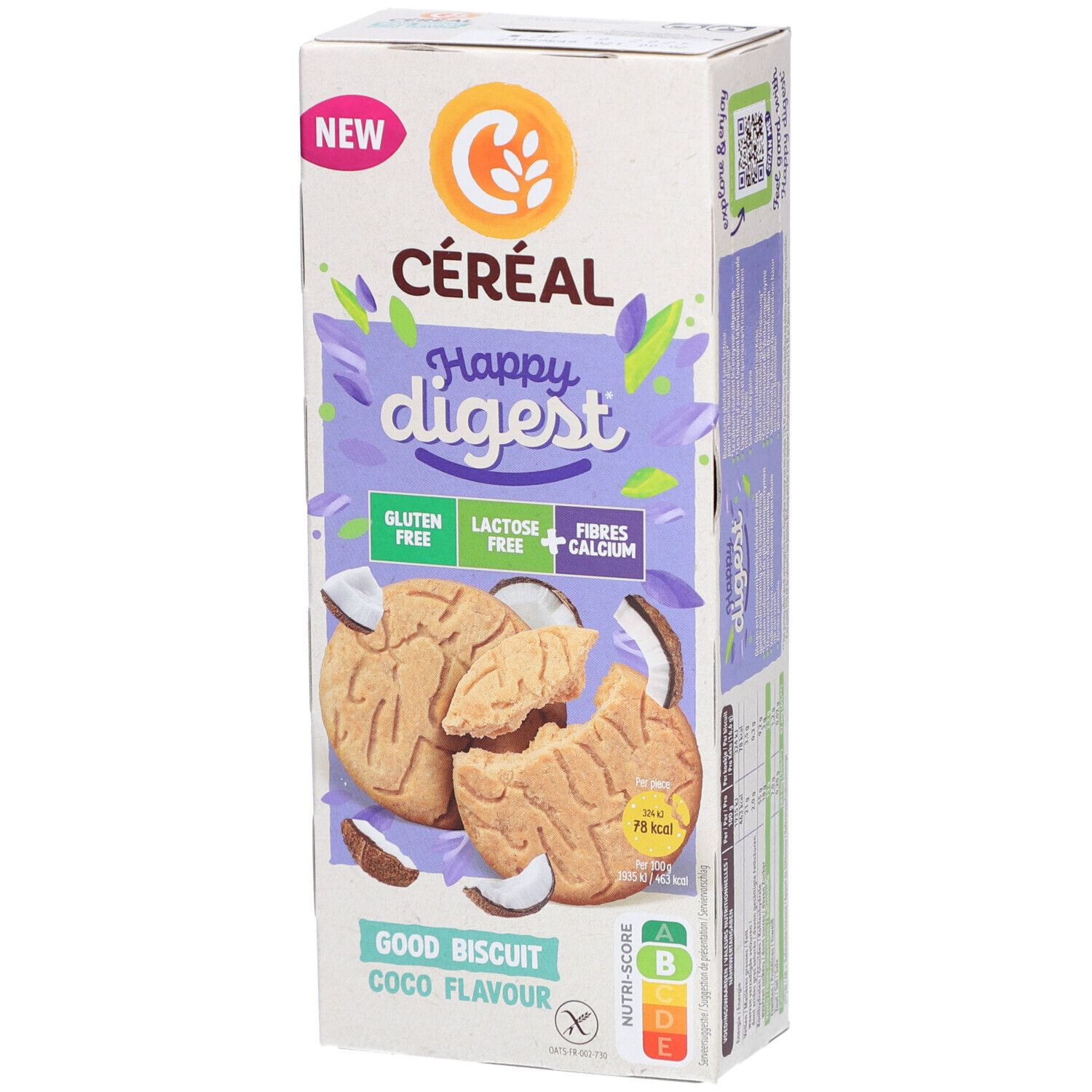Boîte de biscuits Céréal Happy Digest, saveur coco. Inscriptions : sans gluten, sans lactose, fibres, calcium. Visuel de biscuits.