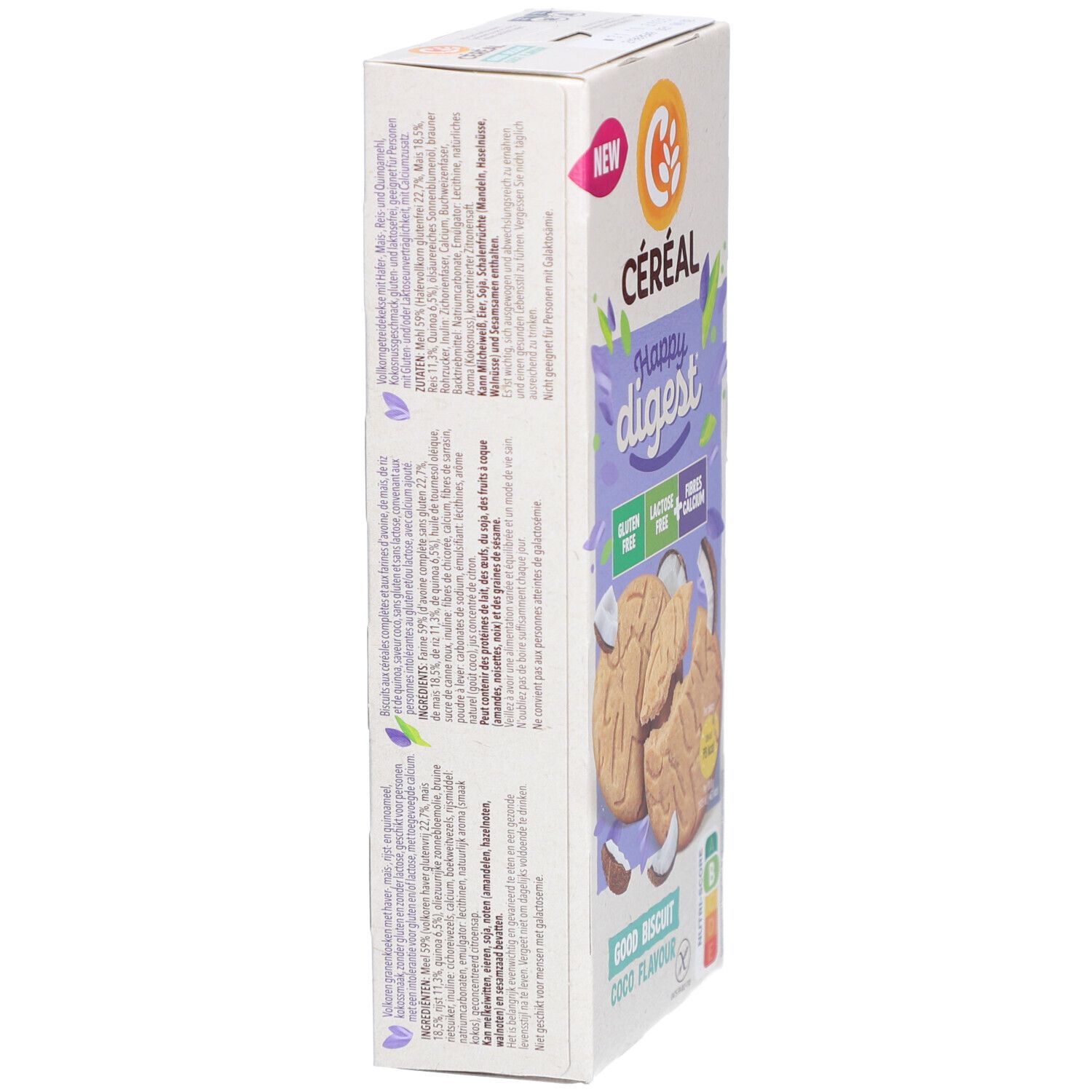Boîte Céréal Happy Digest, saveur coco. Inscriptions : sans gluten, sans lactose, fibres, calcium. Verso avec texte.