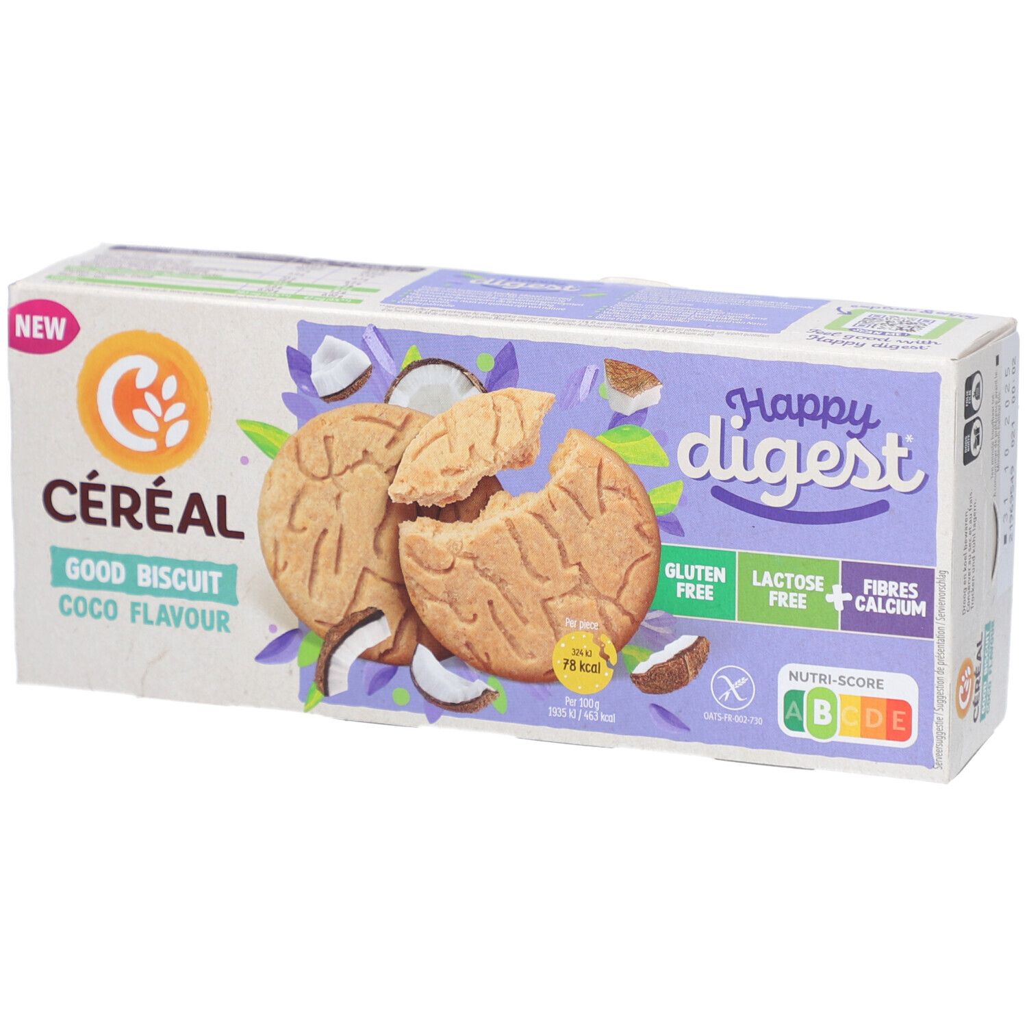 Boîte de biscuits Céréal Happy Digest, saveur coco. Inscriptions : sans gluten, sans lactose, fibres, calcium. Visuel de biscuits.