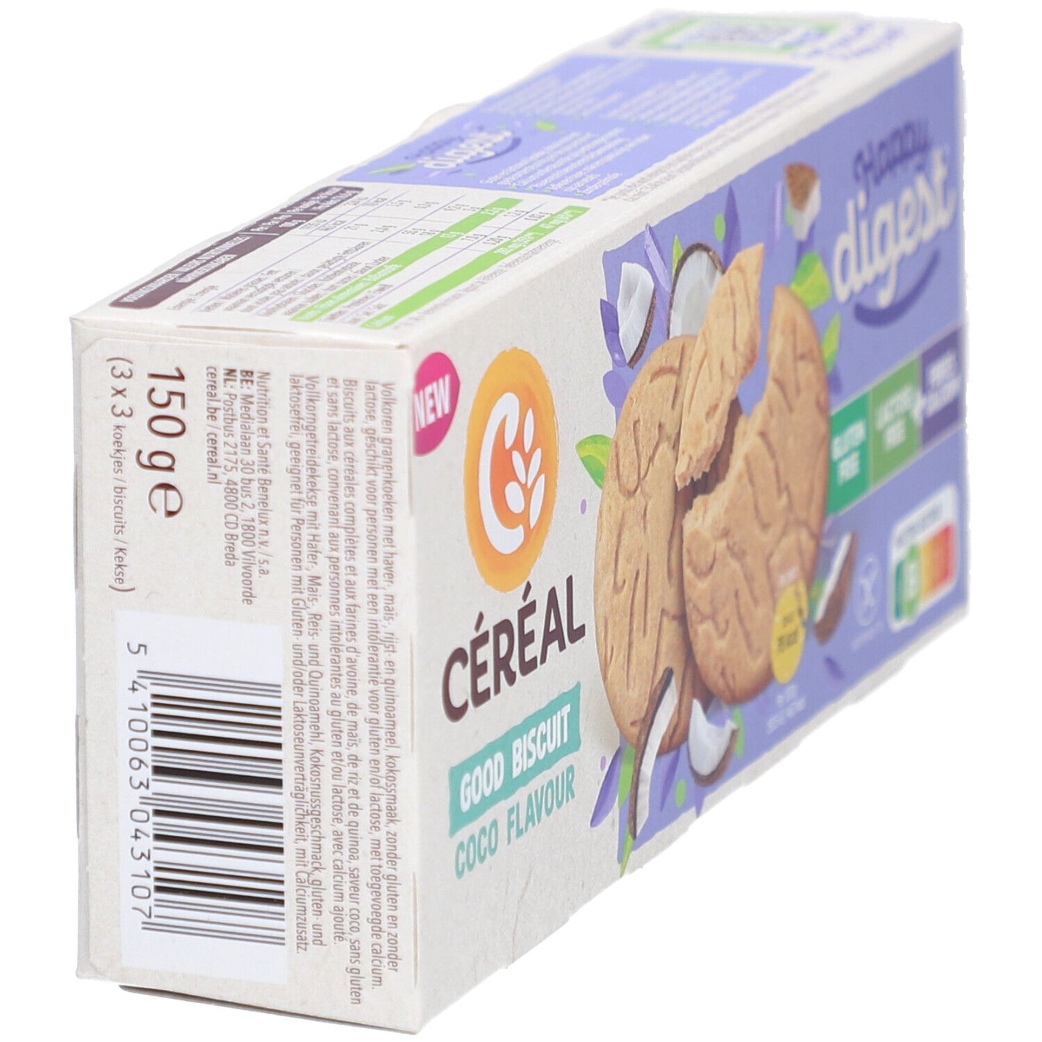 Boîte Céréal Happy Digest, saveur coco. Inscriptions : sans gluten, sans lactose, fibres, calcium. 150g.