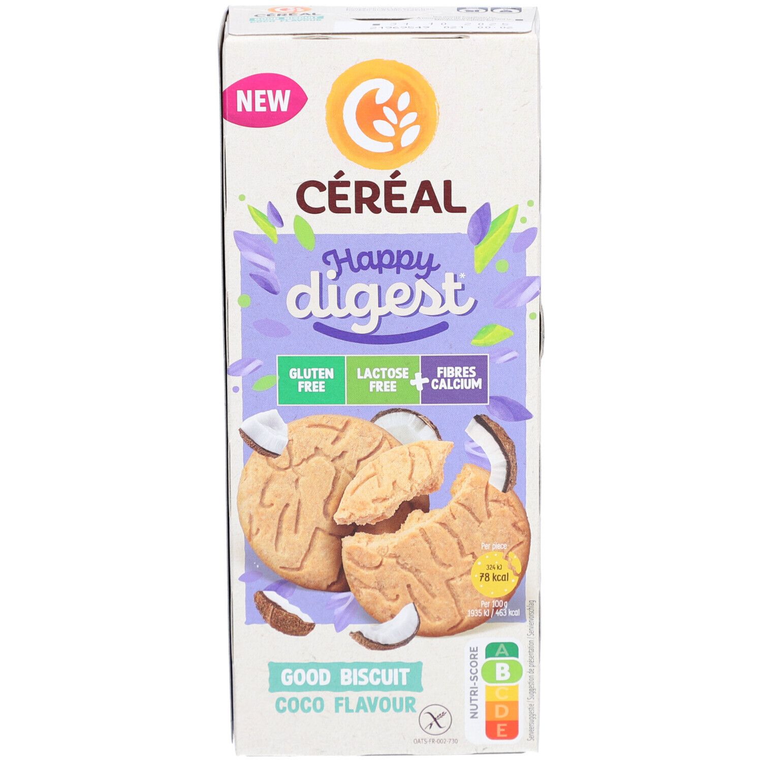 Boîte de biscuits Céréal Happy Digest, saveur coco. Inscriptions : sans gluten, sans lactose, fibres, calcium. Visuel de biscuits.