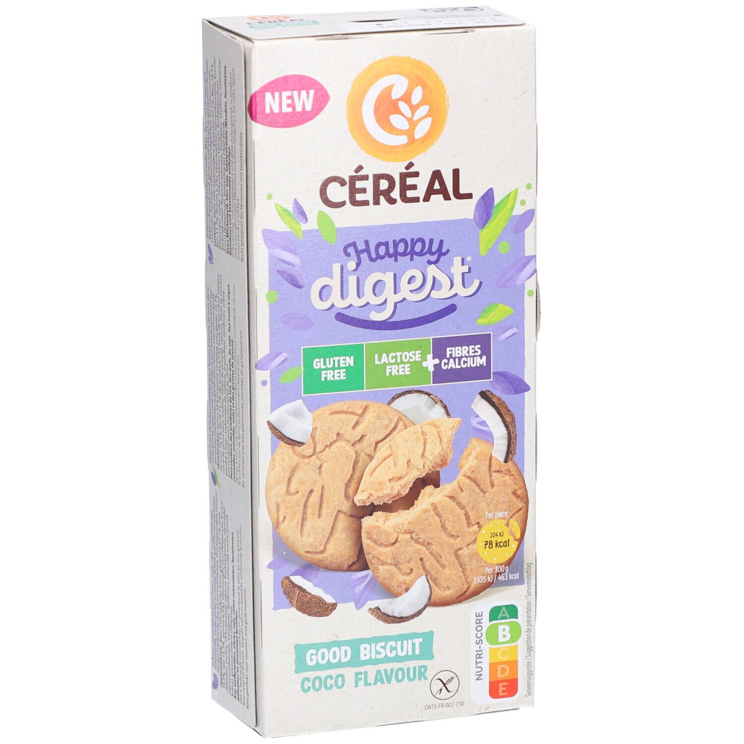 Boîte de biscuits Céréal Happy Digest, saveur coco. Inscriptions : sans gluten, sans lactose, fibres, calcium. Visuel de biscuits.