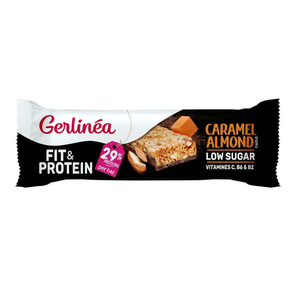 Emballage de barre "Fit & Protein", saveur Caramel Amande. Contient des amandes et 29% de protéines. Marque Gerlinéa.