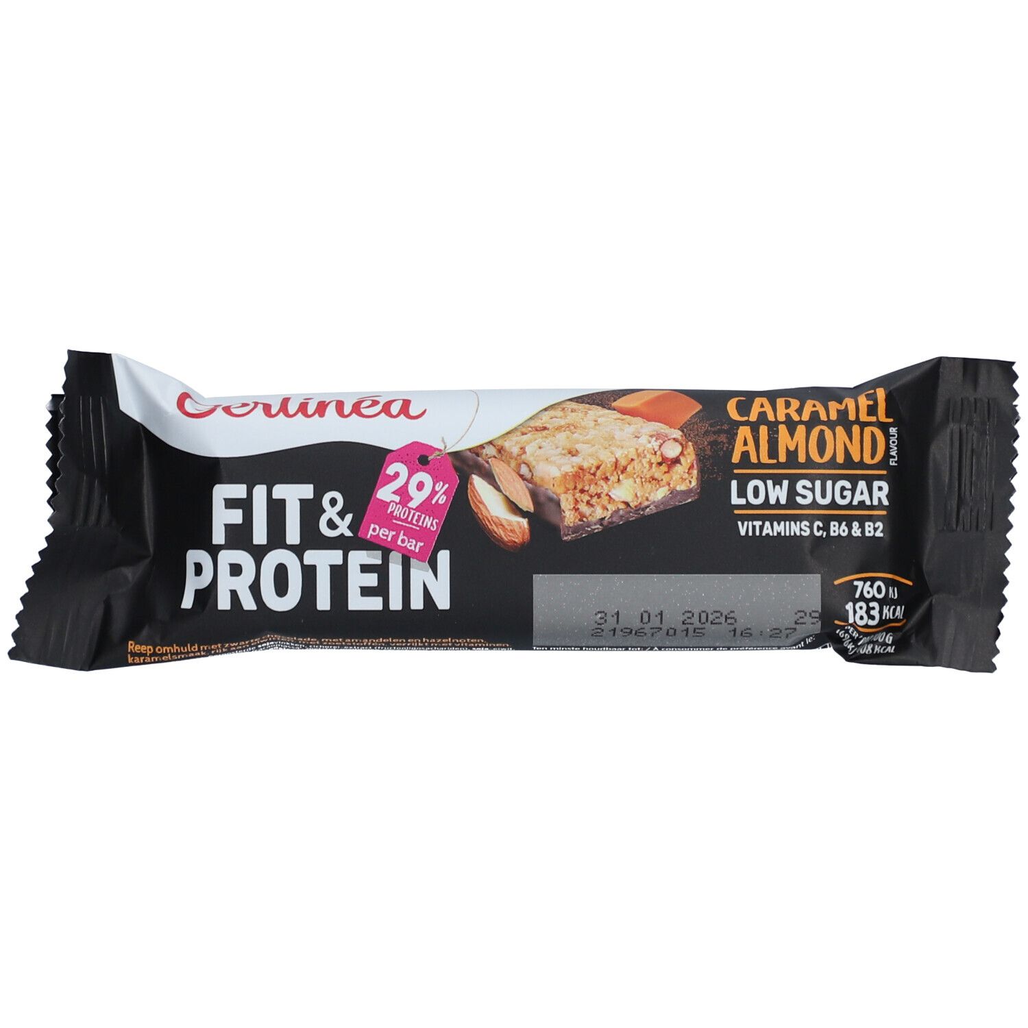 Emballage de barre "Fit & Protein", saveur Caramel Amande. Contient des amandes et 29% de protéines. Date de péremption visible.