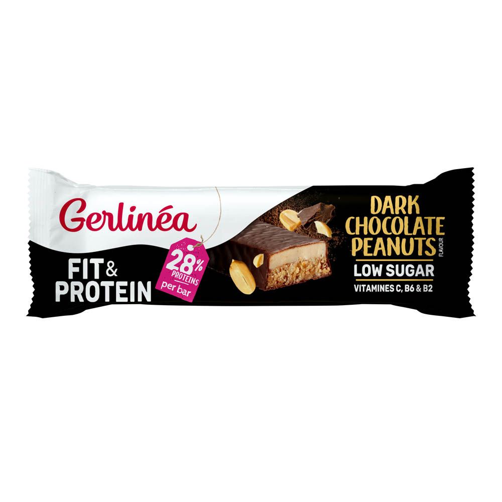 Barre Gerlinéa Fit & Protein. Barre chocolat noir cacahuètes en emballage. 28% protéines. Faible teneur en sucre. Vitamines B6 & B2.