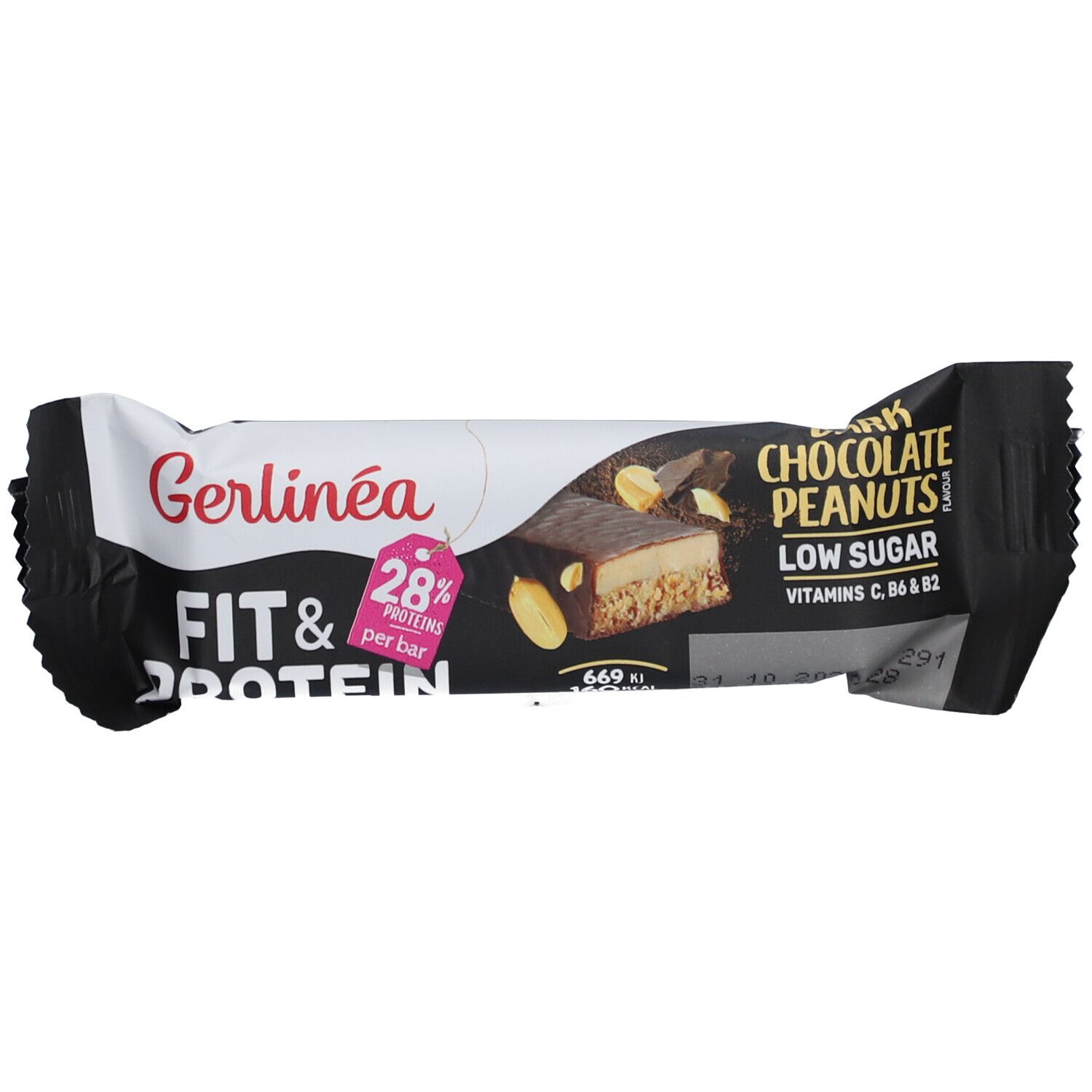Barre Gerlinéa Fit & Protein. Barre chocolat noir cacahuètes en emballage. 28% protéines. Faible teneur en sucre. Vitamines B6 & B2.