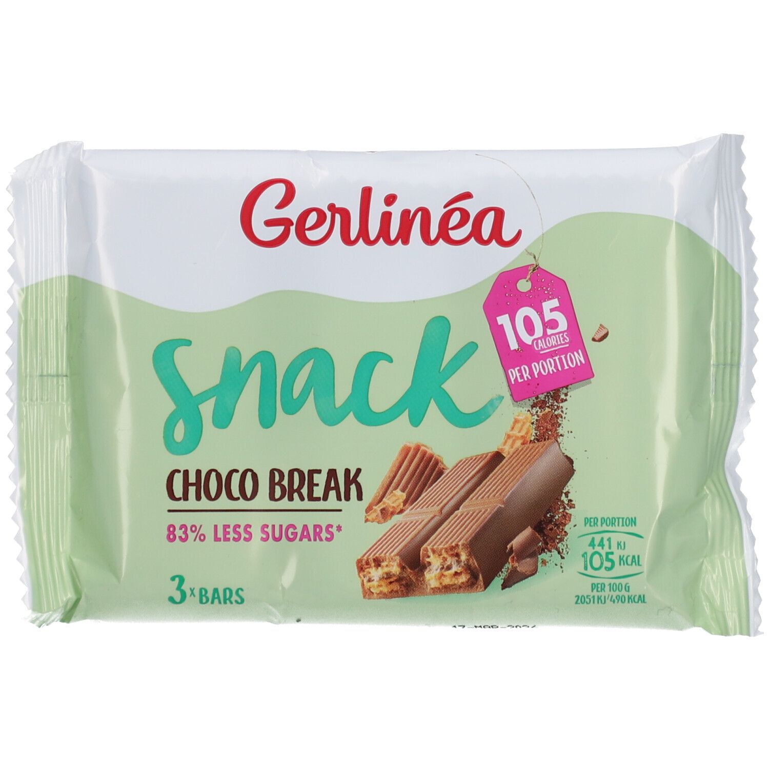 Paquet de Gerlinéa Snack Choco Break. 3 barres, 83% moins de sucres. Étiquette rose avec 105 calories par portion.