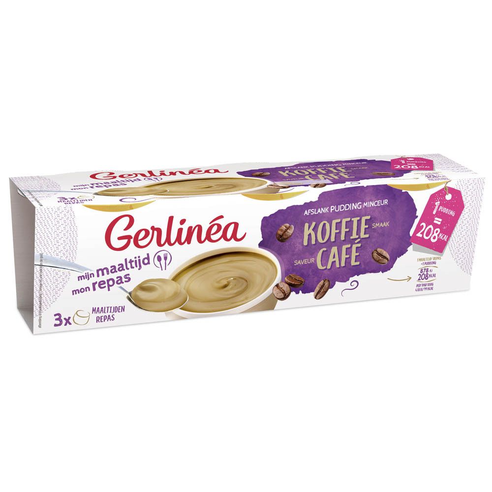 Emballage de trois puddings. Inscription: Gerlinéa, goût café, 208 kcal par portion.