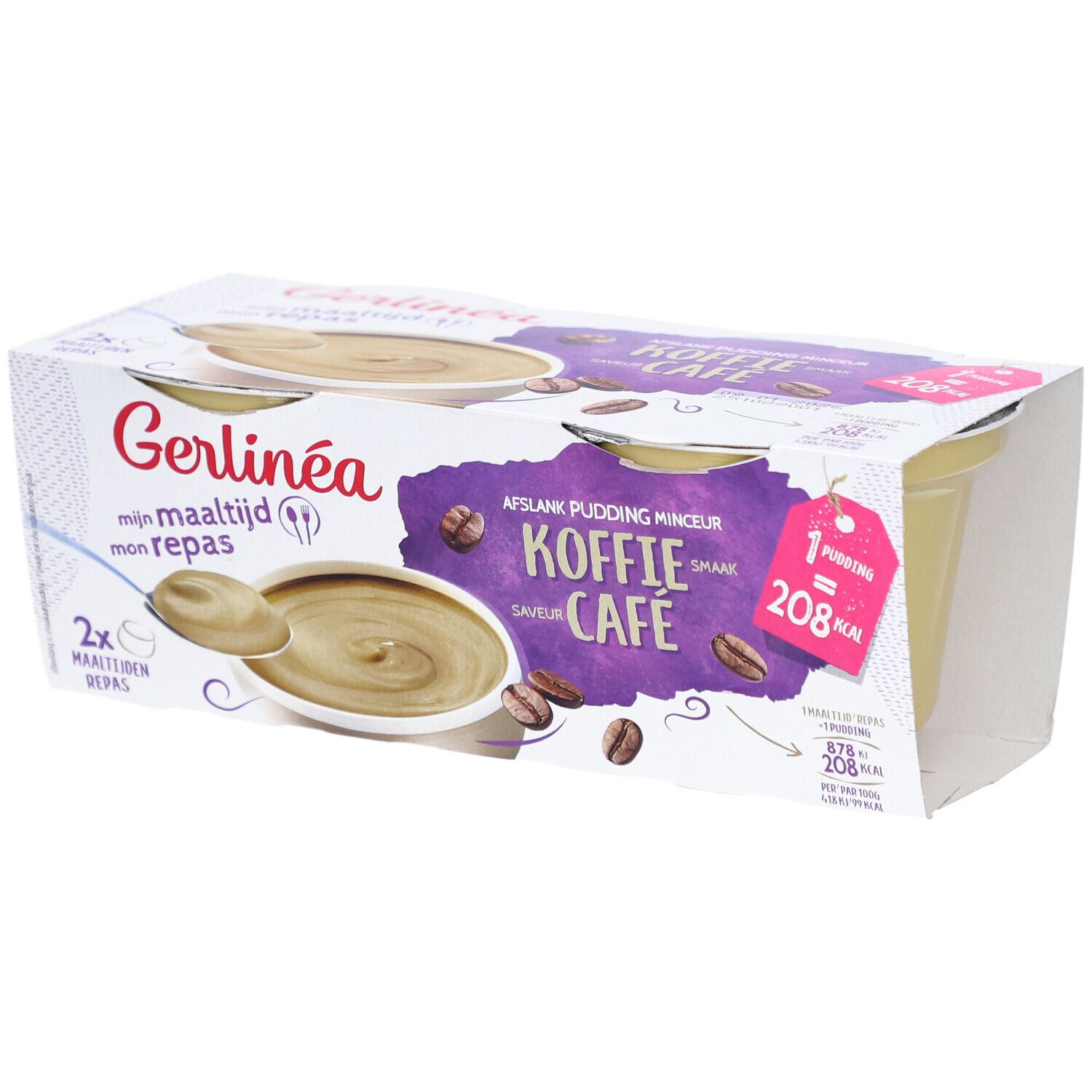 Emballage de deux puddings. Inscription: Gerlinéa, goût café, 208 kcal par portion.