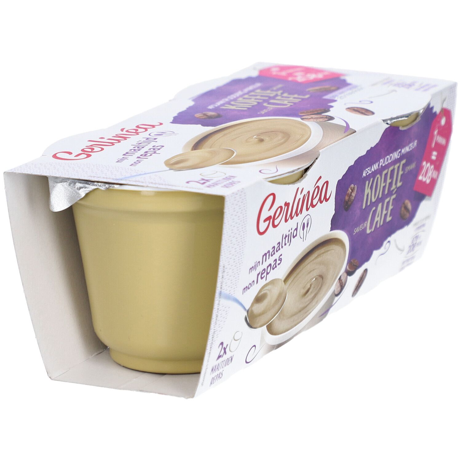 Emballage avec un pot de pudding. Inscription: Gerlinéa, goût café, 208 kcal par portion.