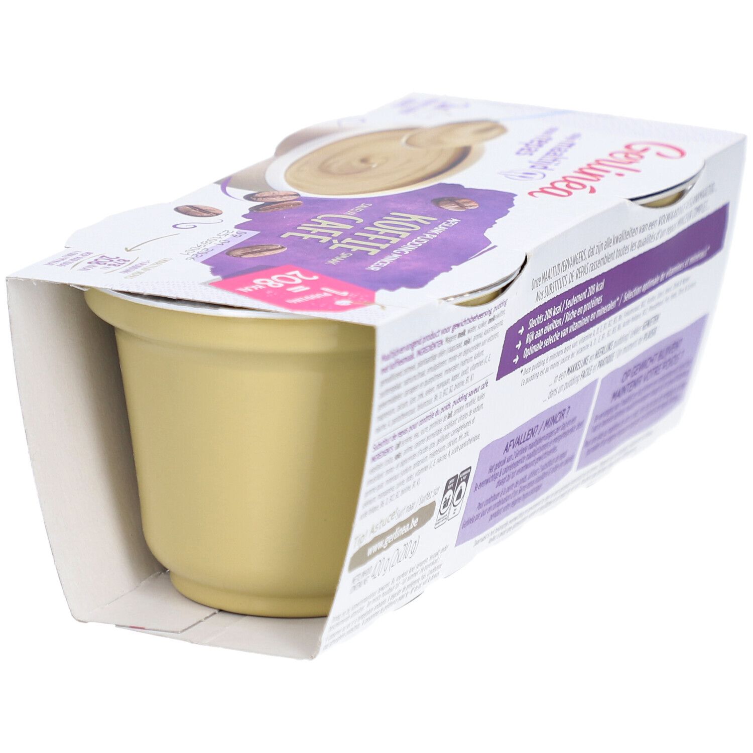 Emballage avec un pot de pudding. Inscription: Gerlinéa, goût café, 208 kcal par portion.